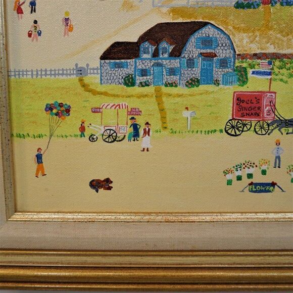 Primitive Americana Vintage Art Naif Folk Art BHC Signed Canvas Painting Naive - Picture 5 of 10